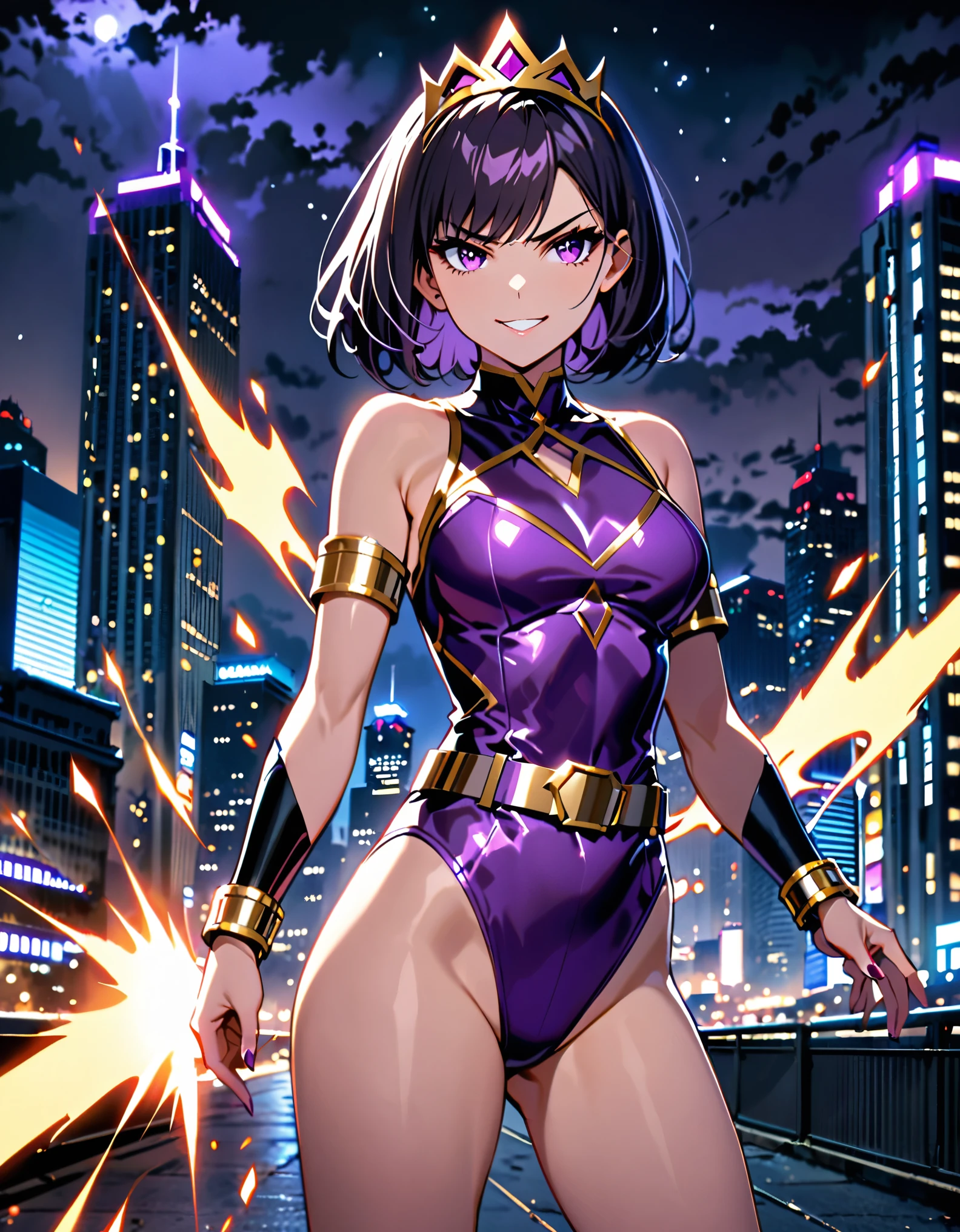 masterpiece, best quality, highres, 1girl, villain, leotard, purple leotard with gold accents, bare legs, (fastened tight gold belt), boots, ankle boots, bracelets, night sky, standing straight, hands on hip, infused with powers, cityscape, searchlights, black hair, short hair, bob hair, tiara, purple eyes, beautiful detailed eyes, perfect hands, solo, solo focus, evil grin, uses her powers
