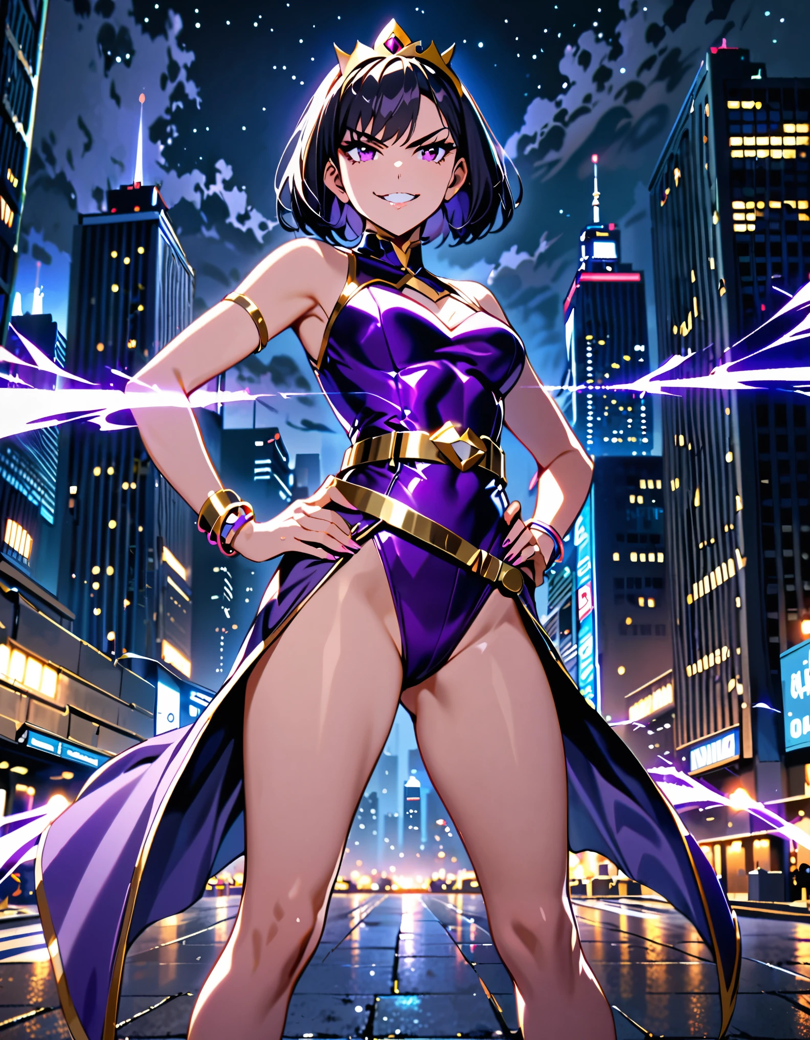 masterpiece, best quality, highres, 1girl, villain, leotard, purple leotard with gold accents, bare legs, (fastened tight gold belt), boots, ankle boots, bracelets, night sky, standing straight, hands on hip, infused with powers, cityscape, searchlights, black hair, short hair, bob hair, tiara, purple eyes, beautiful detailed eyes, perfect hands, solo, solo focus, evil grin, uses her powers