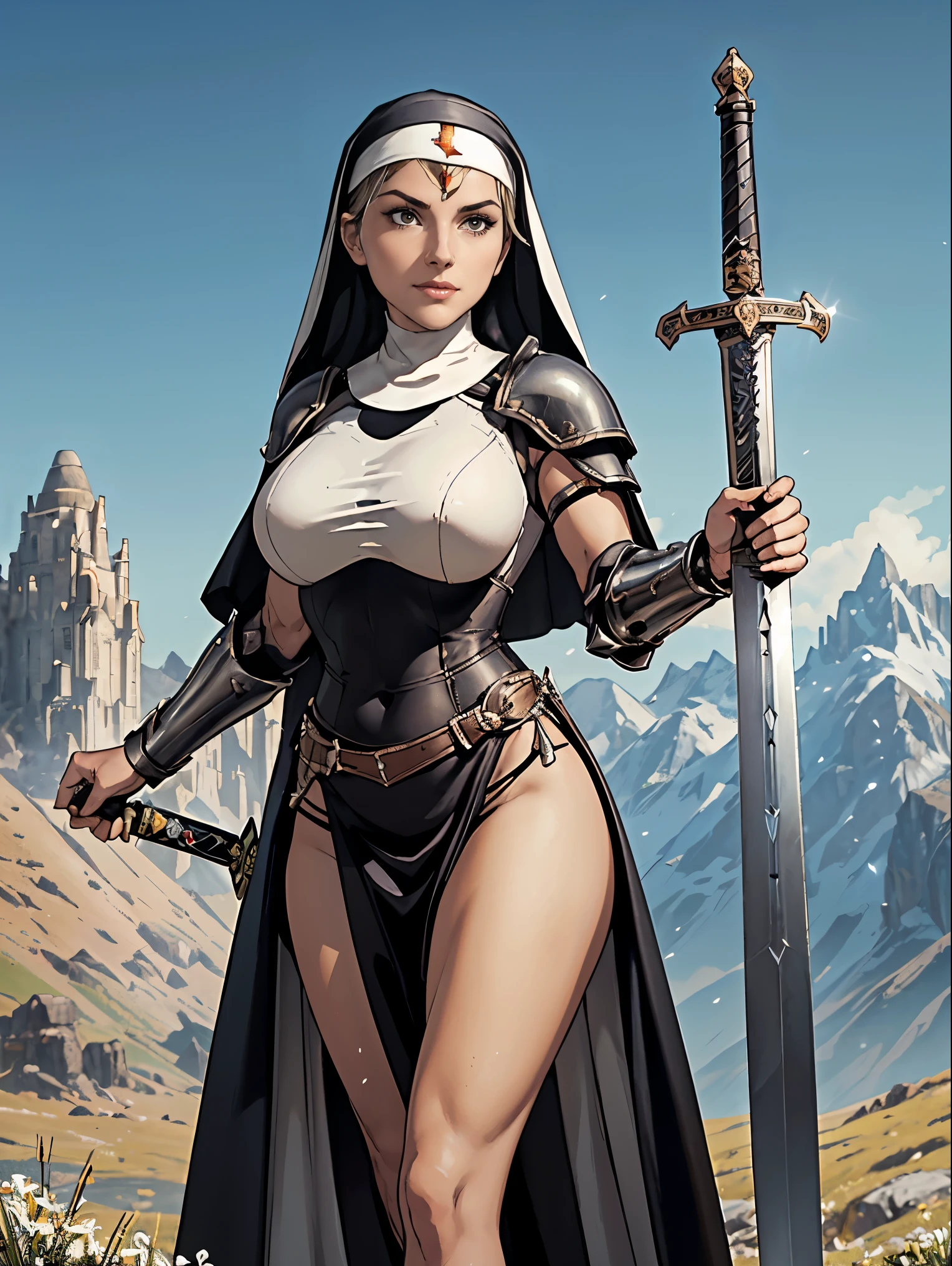 (masterpiece, top quality, best quality, official art, beautiful and aesthetic:1.2), (1girl:1.3), ((Sharp facial features, sharp features, hawkish features)), ((fair skin, brown eyes)), busty brunette paladin knight girl, extremely detailed, portrait, looking at viewer, solo, (full body:0.6), detailed background, full-body shot, (warm mountain meadow theme:1.1), holy knight, (nun), charlatan, smirk, mysterious, swaying in mountains, armor, polished metal, gold trim, long boots, white fabric, pelvic curtain, robe, pale leather, ((((nun, radiant aura, sword, light armor, armored, long legs, pelvic curtain, toned, muscular)))), slim waist, slim hips, long legs, medieval (mountain exterior:1.1) background, dark mysterious lighting, shadows, magical atmosphere, dutch angle