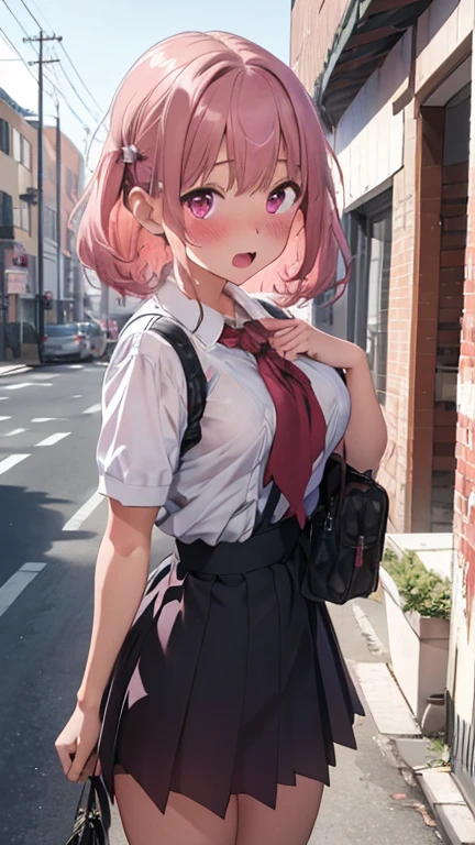 mastute piece,Best Quality,insanely detailed,8k cg,nsfw,
shoot upper body,(body in front:1.1),
1girl,standing,looking at viewer,Push out your chest、(upright:1.3),(school uniform),
break,blush,shy,(trembling:1.2),pink hair,(large breasts),(open mouth:0.9),(classroom),