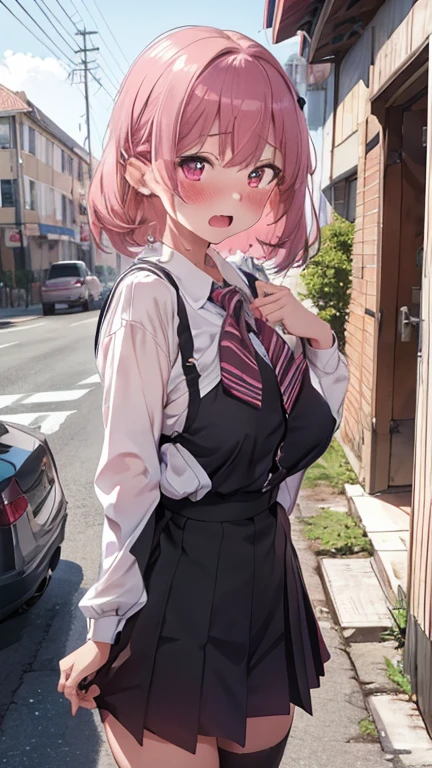 mastute piece,Best Quality,insanely detailed,8k cg,nsfw,
shoot upper body,(body in front:1.1),
1girl,standing,looking at viewer,Push out your chest、(upright:1.3),(school uniform),
break,blush,shy,(trembling:1.2),pink hair,(large breasts),(open mouth:0.9),(classroom),