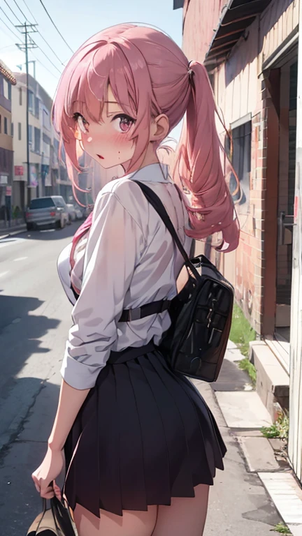 mastute piece,Best Quality,insanely detailed,8k cg,nsfw,
shoot upper body,(body in front:1.1),
1girl,standing,looking at viewer,Push out your chest、(upright:1.3),(school uniform),
break,blush,shy,(trembling:1.2),pink hair,(large breasts),(open mouth:0.9),(classroom),
