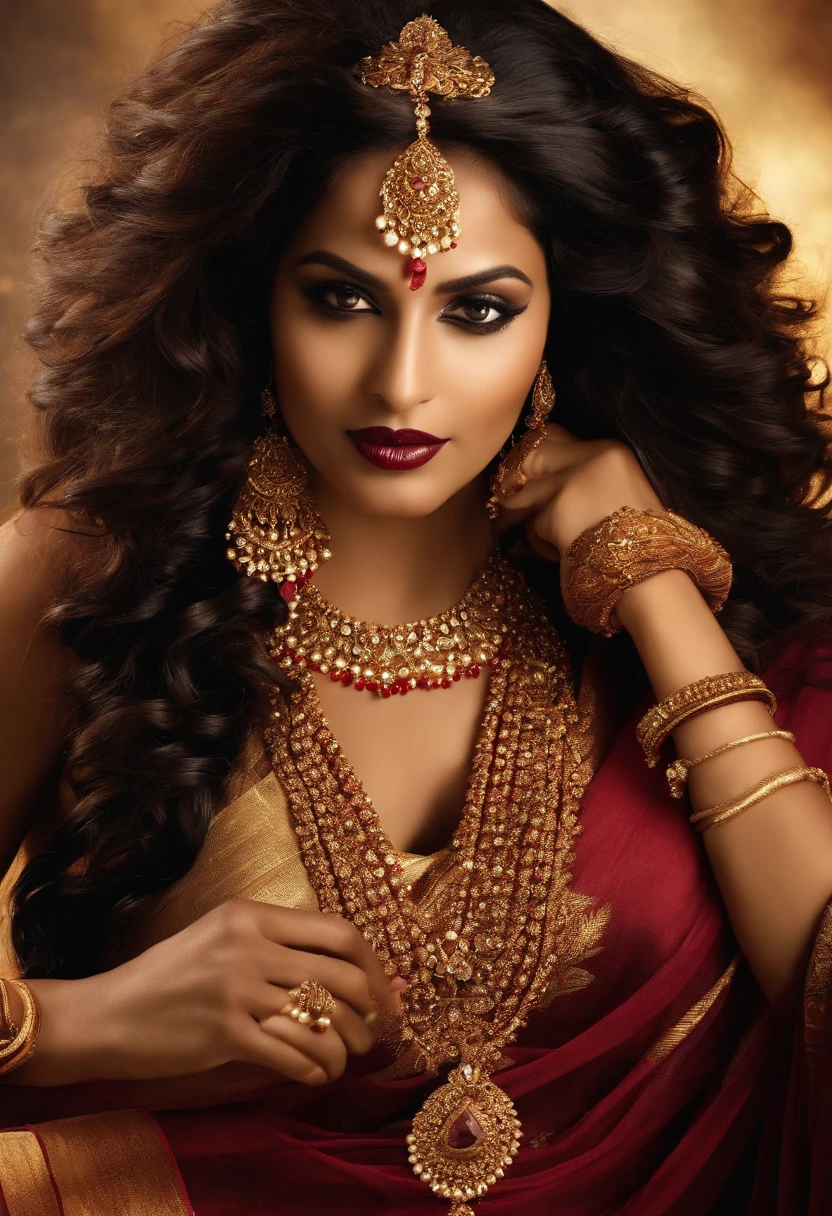 Ancient indian royal queen of extremely dark complexion in indian red gold plated saree, necklace, heavy gold jewelry, dark lips, dark skin, long black curly hair, with hair accessories