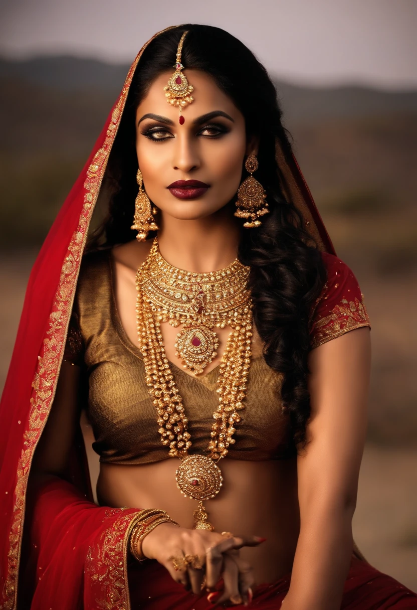 Ancient indian royal queen of extremely dark complexion in indian red gold plated saree, necklace, heavy gold jewelry, dark lips, dark skin, long black curly hair, with hair accessories