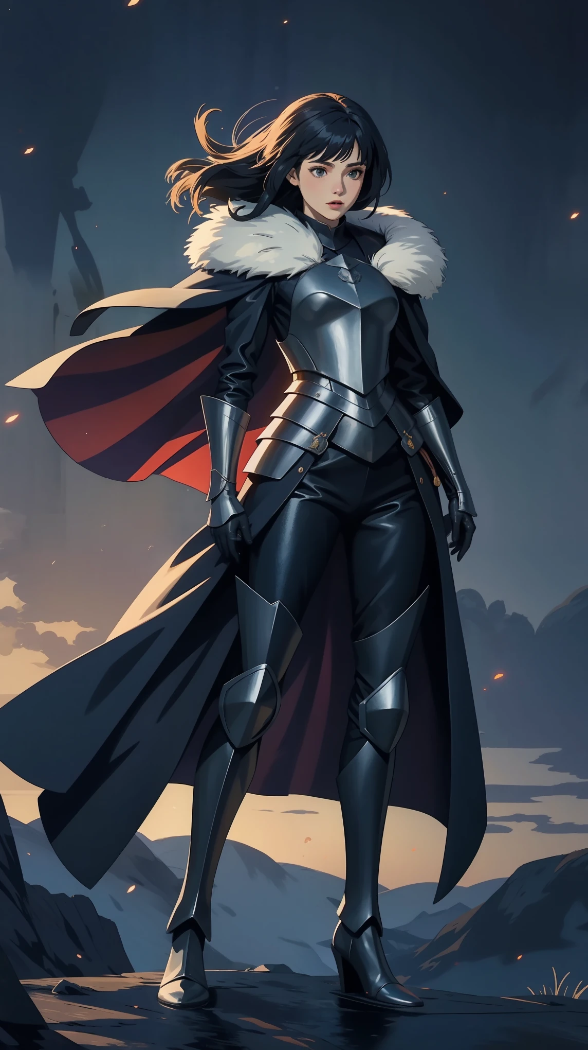 A woman in a plate armor, hair lifted by the wind, straight hair, asymmetrical bangs, fur cape, full body, (medieval theme:1.2), deep grey tones, particles of light:1.2, soft lighting, (masterpiece, best quality:1.2)
