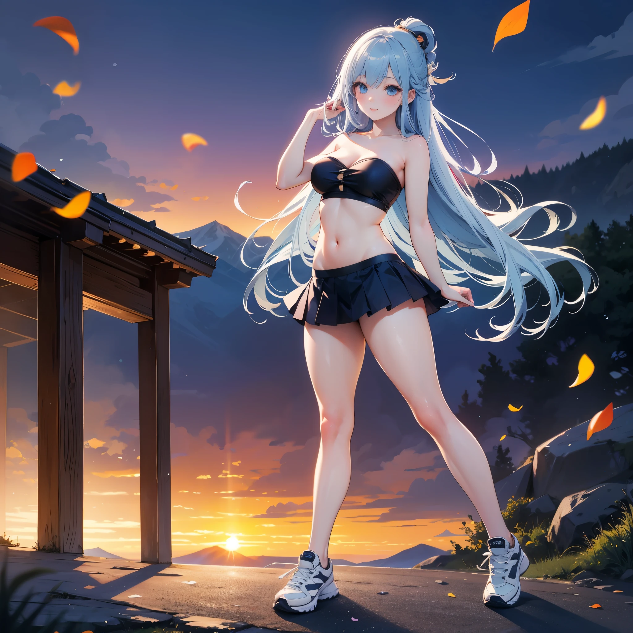 realistic image, detailed image, coherent image, 1 beautiful girl, she has very long hair, light blue hair, blue eyes, smiling expression. She is wearing a strapless top, showing her navel, a thin thong, a pleated miniskirt, sneakers, She has a curvy body, medium breasts and thick thighs, She is standing, legs crossed, arching her back, surrounded by bottles of alcohol , background of a mountainous landscape, flower petals falling around, sunset, twilight, Soft focus, full body view, Dramatic shadows, Volumetric lighting, natural lighting,