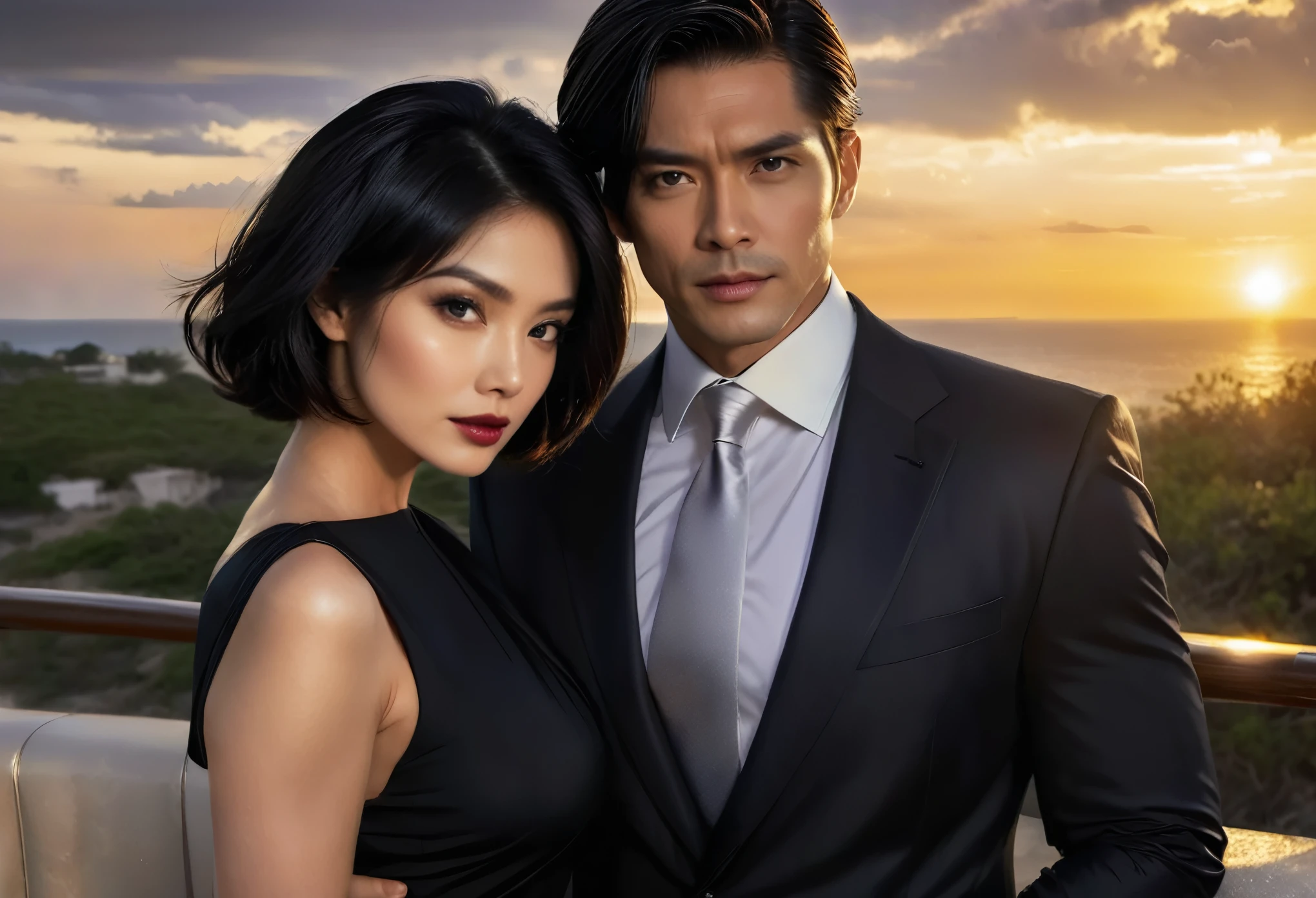 (golden short hair, handsome spy husband, beautiful black long hair, killer wife, couple portrait, romantic sunset, intense gaze, secret agents, high-stakes mission, suspenseful atmosphere, thrilling action, elegant attire, mysterious expressions, standing close, undying love)