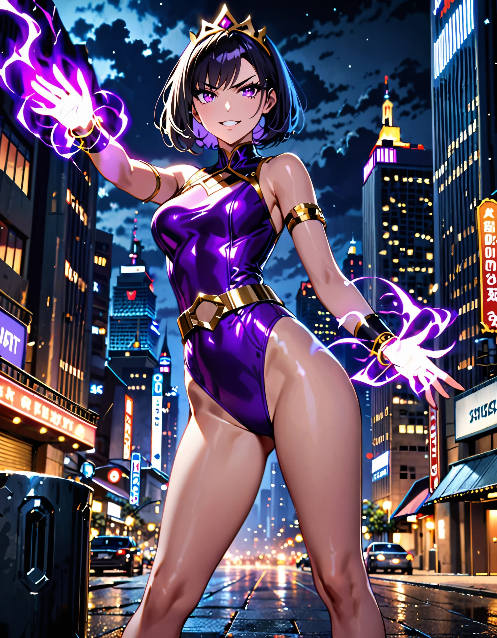 masterpiece, best quality, highres, 1girl, villain, leotard, purple leotard with gold accents, bare legs, (fastened tight gold belt), boots, ankle boots, bracelets, night sky, standing straight, infused with powers, cityscape, searchlights, black hair, short hair, bob hair, tiara, purple eyes, beautiful detailed eyes, perfect hands, solo, solo focus, evil grin, uses her powers