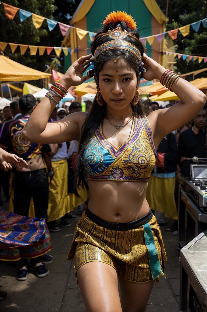 Generate an image of a visionary Gorkhali DJ standing at the forefront of a crowd, their presence commanding attention. Dressed in vibrant traditional attire fused with modern elements, they exude confidence and cultural pride. Behind them, a dynamic mix of psychedelic visuals and traditional Nepali symbols swirl, representing the fusion of ancient heritage with futuristic innovation. The crowd, diverse in culture and background, dances together in harmony, united by the transformative power of music. This image captures the essence of a world-changing Gorkhali DJ who transcends borders, bridging cultures, and inspiring positive change through their artistry.