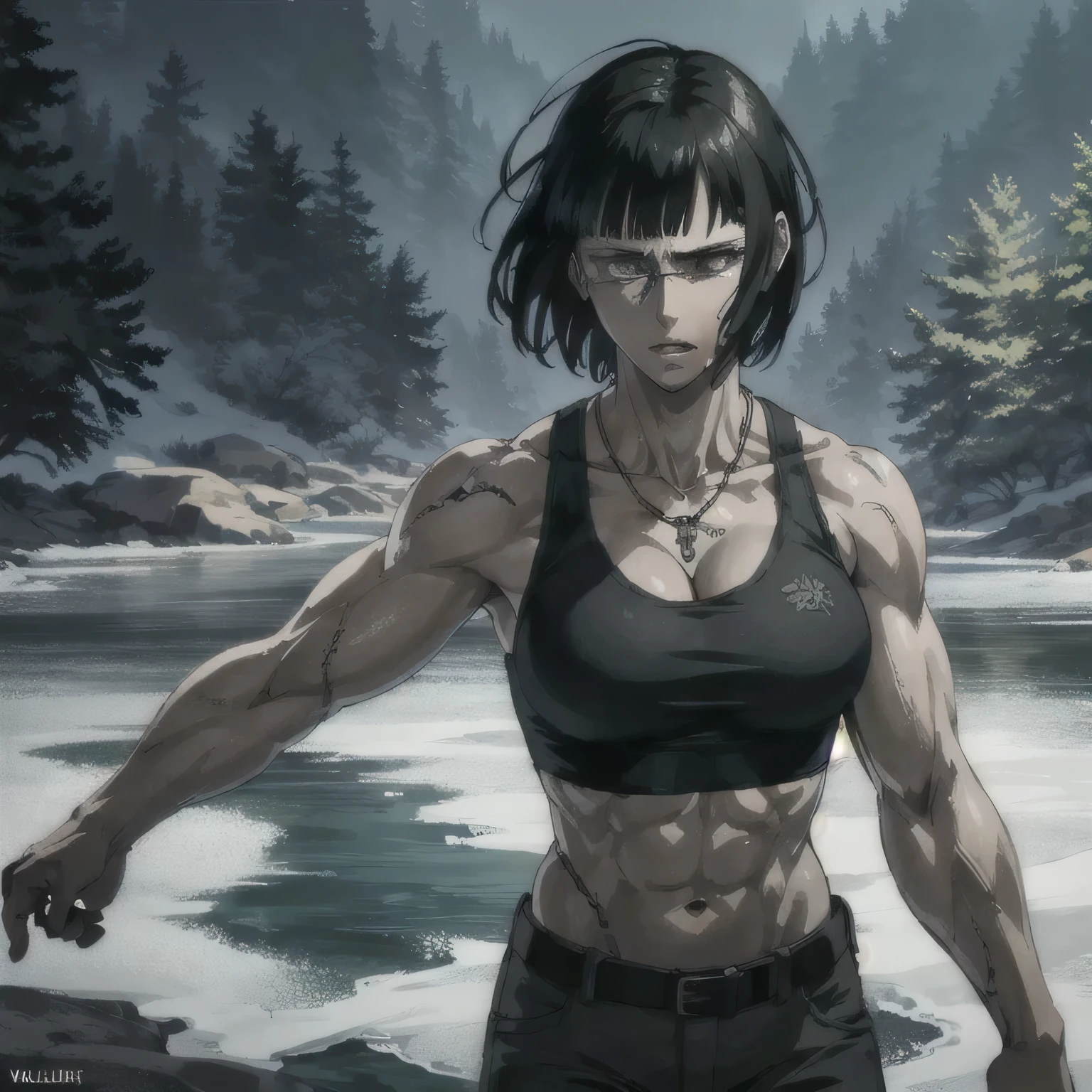 (best quality,ultra-detailed,realistic:1.37),musclaur badass girl with sculpted body with preview her musclaur body and six-pack, full review of the female character's face and body, intense expression, strong and confident posture, studio lighting, vivid colors, physiologically-based rendering, grungy texture, rugged background, dust particles in the air, commanding presence, professional, powerful, gritty aesthetics,,Valmet،short hair,necklace,clean muscles،wearing military gym pants with belt and sport midriff tank top, tattoos on shoulders,Shining muscles, muscle protrusion,training in woods,woods,Swimming on a river