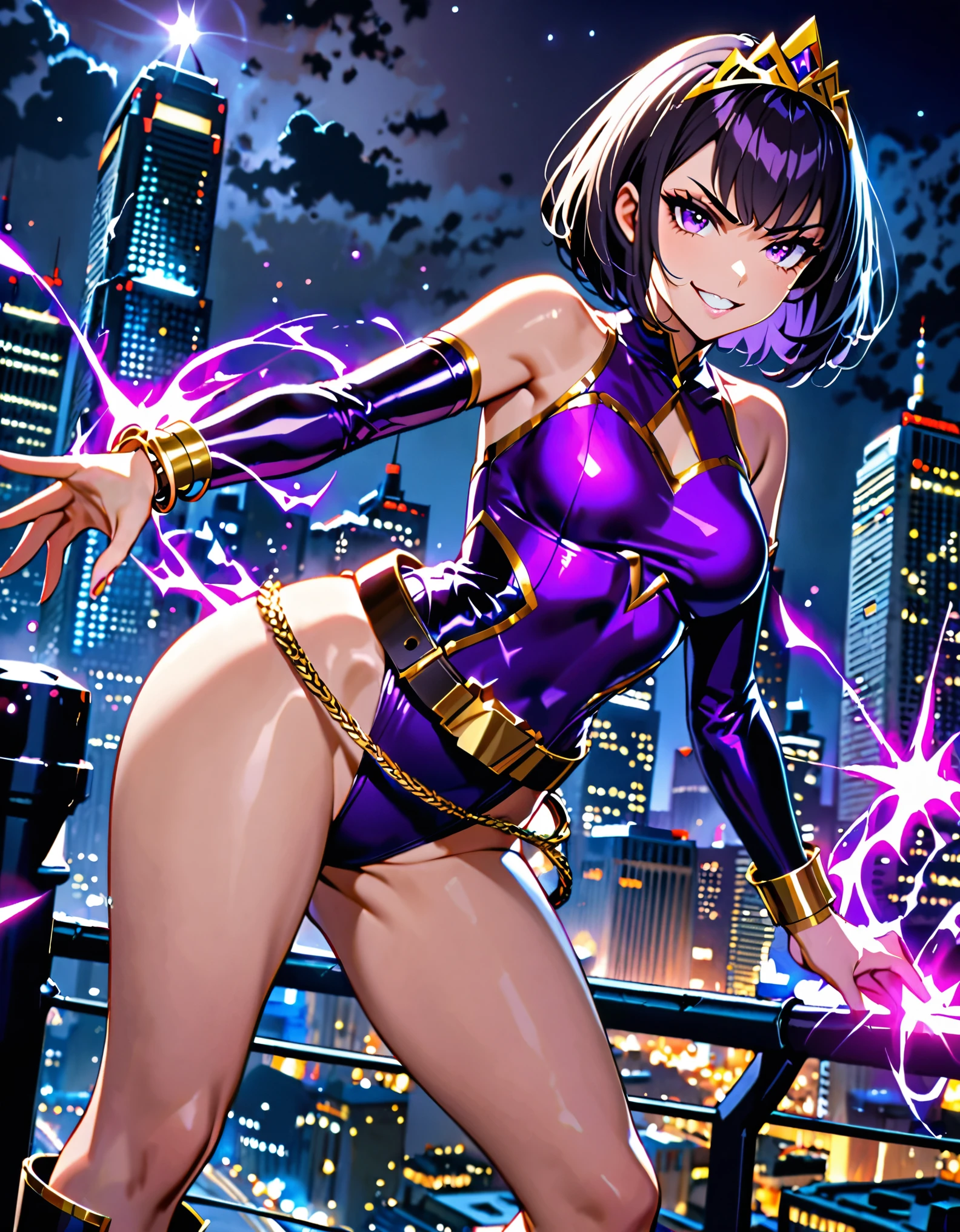 masterpiece, best quality, highres, 1girl, villain, leotard, purple leotard with gold accents, bare legs, (fastened tight gold belt), boots, ankle boots, bracelets, night sky, standing straight, infused with powers, cityscape, searchlights, black hair, short hair, bob hair, tiara, purple eyes, beautiful detailed eyes, perfect hands, solo, solo focus, evil grin, uses her powers