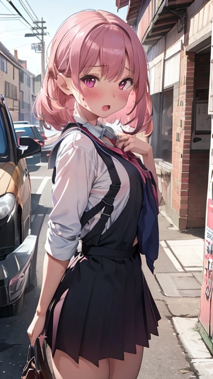mastute piece,Best Quality,insanely detailed,8k cg,nsfw,
shoot upper body,(body in front:1.1),
1girl,standing,looking at viewer,Push out your chest、(upright:1.3),(school uniform),
break,blush,shy,(trembling:1.2),pink hair,(large breasts),(open mouth:0.9),(classroom),