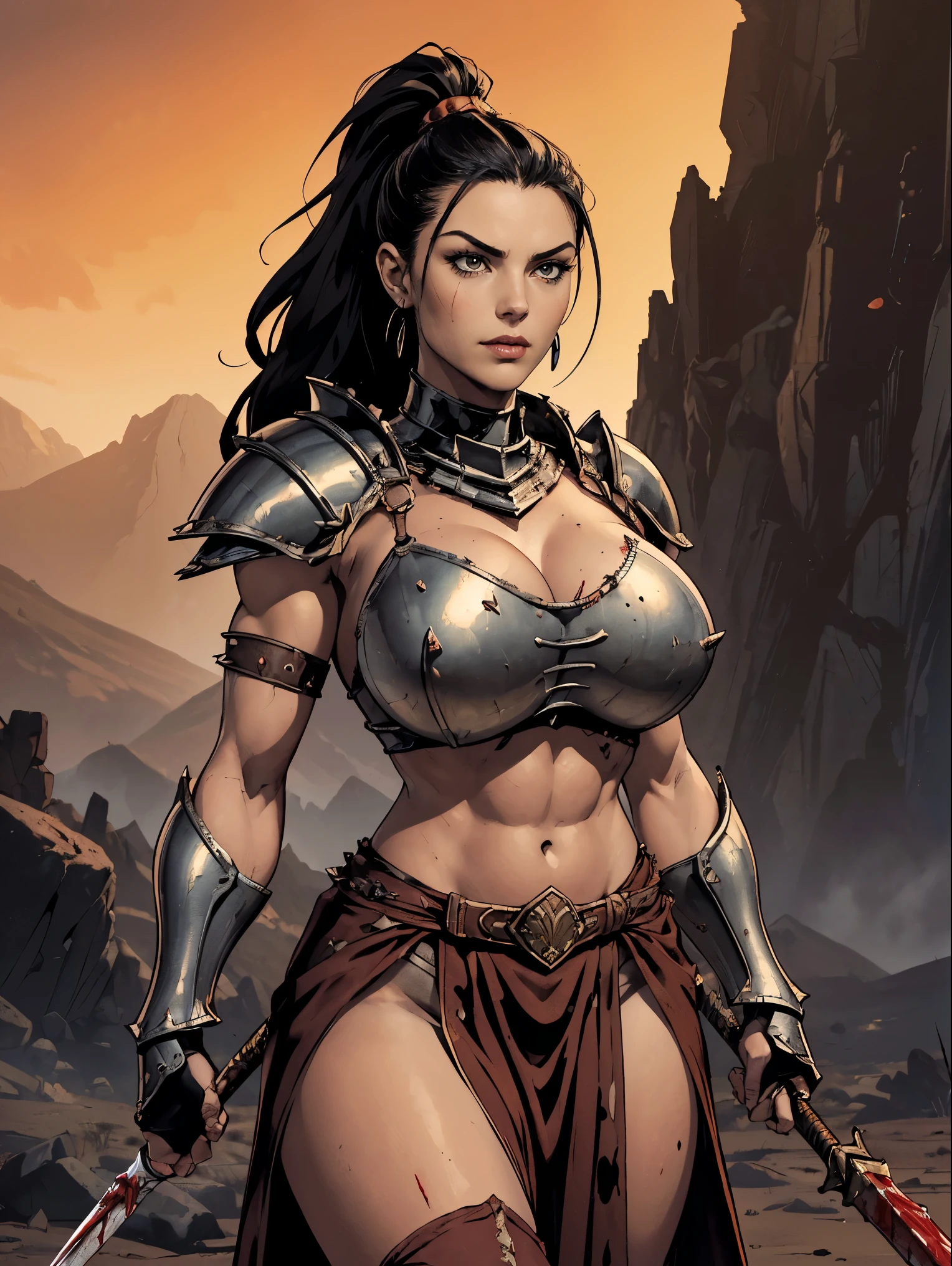 (masterpiece, top quality, best quality, official art, beautiful and aesthetic:1.2), (1girl:1.3), ((Sharp facial features, sharp features, hawkish features)), ((pale skin, orange eyes, big hair, long black hair, ponytail)), big tiddy chaos warrior girl, extremely detailed, portrait, looking at viewer, solo, (full body:0.6), detailed background, full-body shot, (hot desert mountain theme:1.1), chaos warrior, (spiky helmet), charlatan, smirk, mysterious, swaying in mountains, armor, red metal, brass trim, long boots, blood red fabric, pelvic curtain, loincloth, black leather, ((((spear, heavy armor, blood, blood splatter, armored, gigantic breasts, long legs, pelvic curtain, toned, muscular)))), cute belly button, toned tummy, slim waist, slim hips, long legs, medieval (mountain exterior:1.1) background, dark mysterious lighting, shadows, magical atmosphere, dutch angle