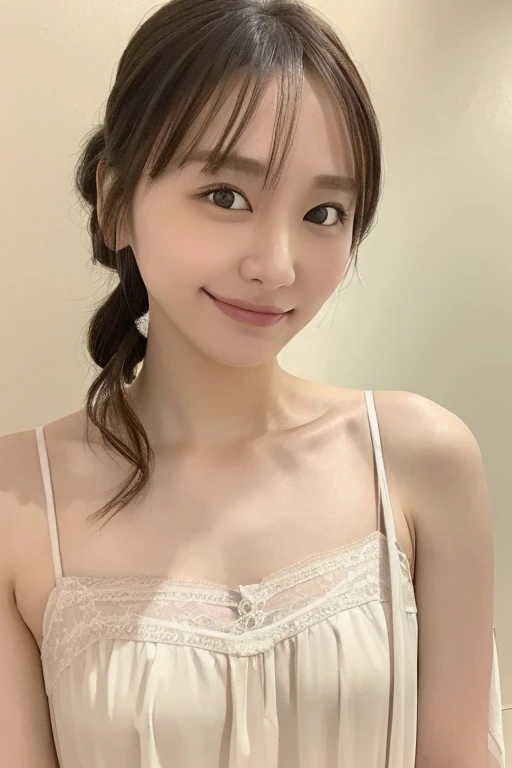 ((highest quality, 8k, masterpiece: 1.3)),Slender beauty: 1.3, (Random Hairstyles: 1.2), Oversized Nightgown: 1.2, Highly detailed face, Fine grain, double eyelid, small, A kind smile,White bra、White panties、stand
