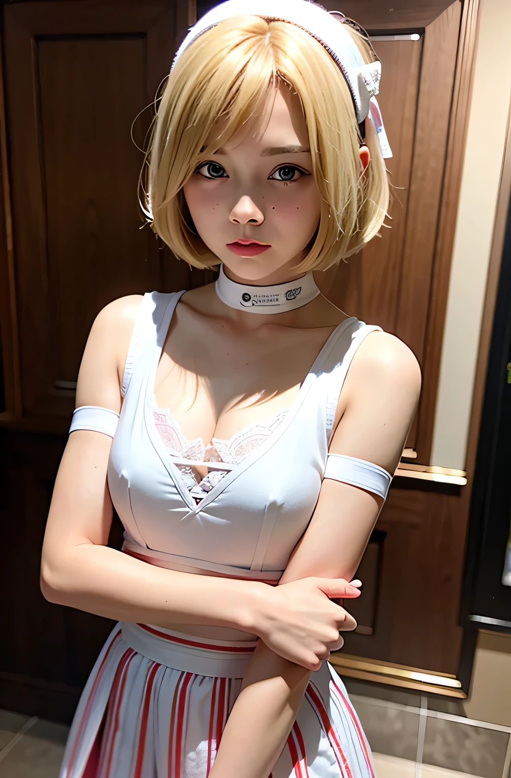 masterpiece, highest quality、Raw photo, Photorealistic、I am a 15 year old girl、Blonde、Short Bob、Enjoy mummy cosplay、Bandage the head、Bandage your arm、bandaging one's leg、Halloween、Daytime、outside of home、Jack-o'-Lantern、Candles、Bat、Dead Tree、Spider web、unbelievably ridiculous、Depth of written boundary, High resolution, Ultra-detailed, Sharp focus, Cinema Lighting