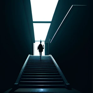 make a person coming out of a dark place, usando um escada para subir para a luz