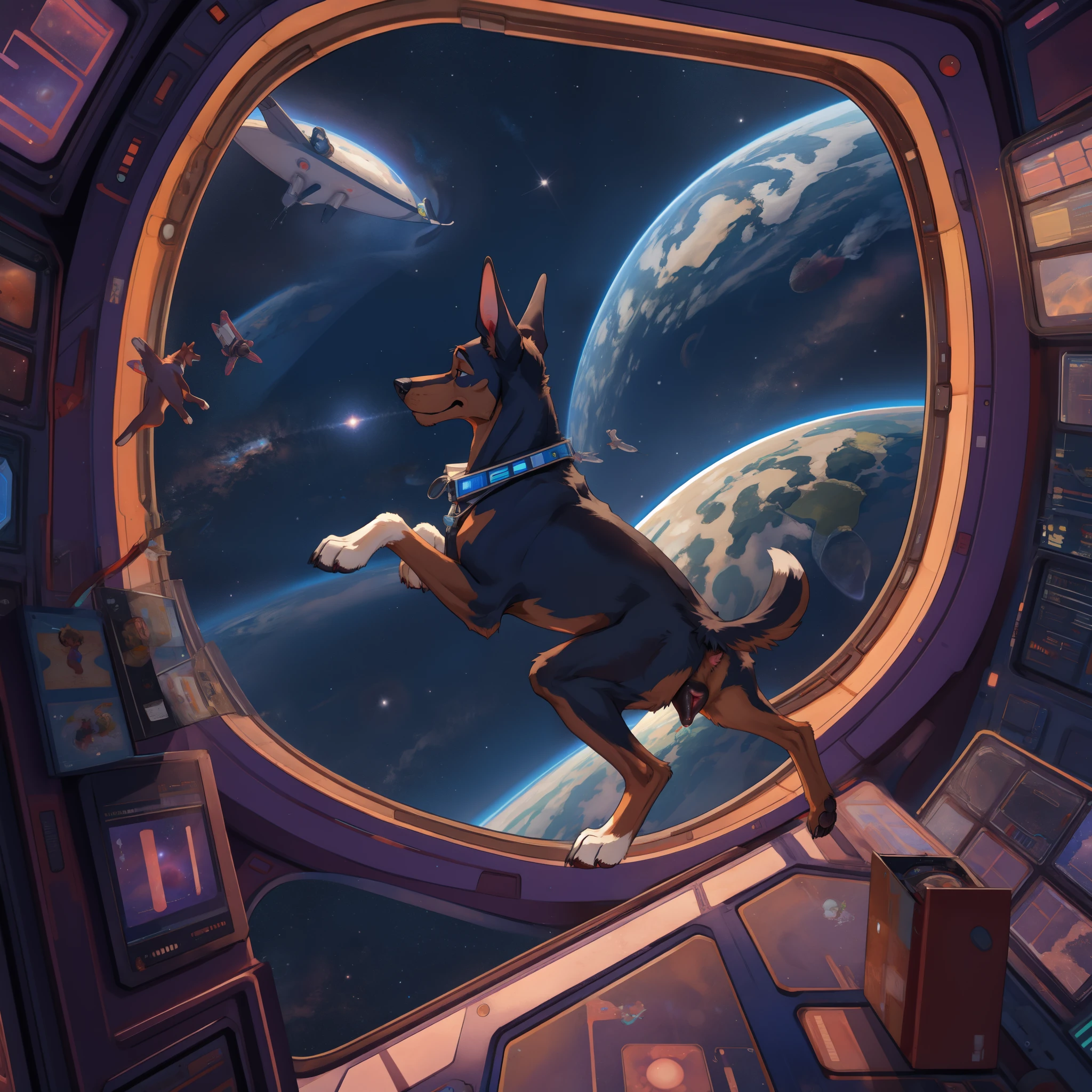 feral dog, doberman, female, canine pussy, pussy juice, spaceship, window, space,  zero gravity, flying