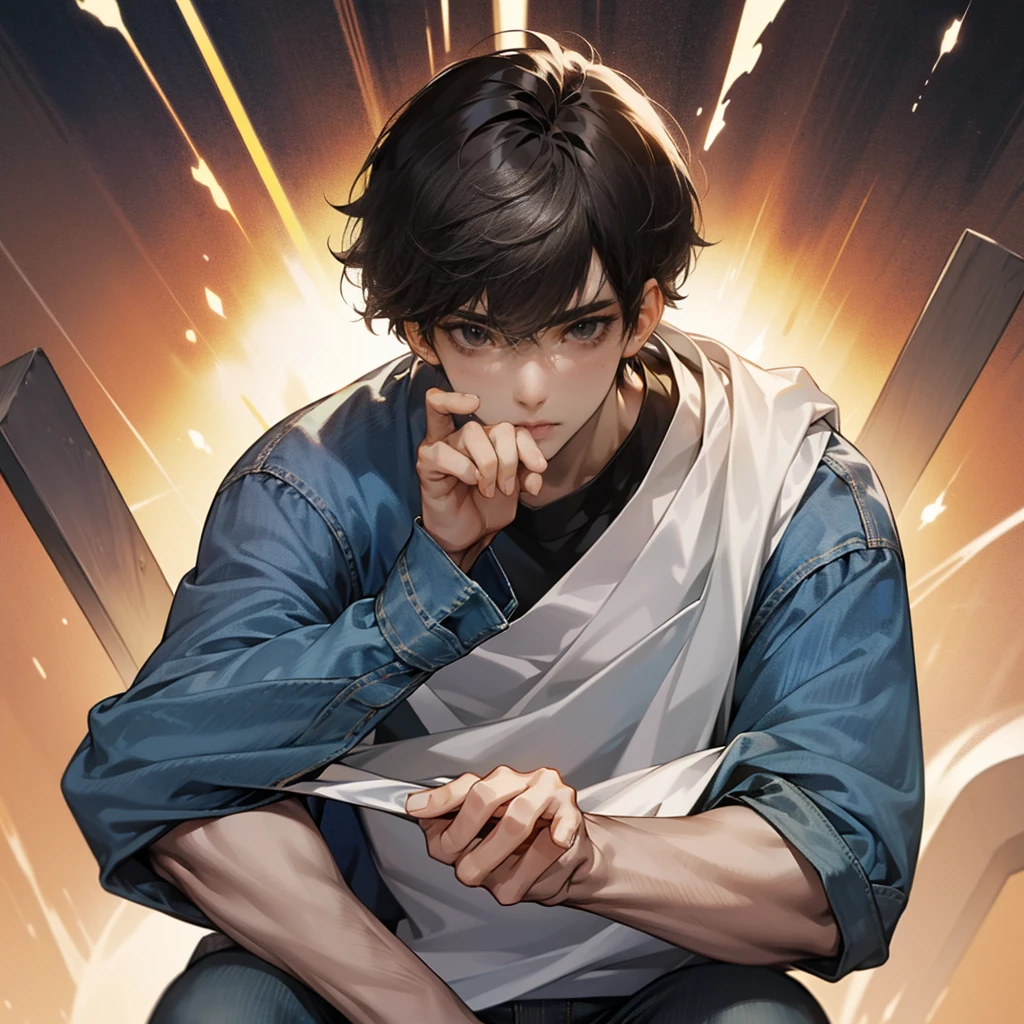 1boy, upper body, black short shaggy hair, tall and strong,personification,brown eyes, dark sweatshirt, alongside jeans, soft light, 8K, masterpiece, looking at viewer,pixiv,