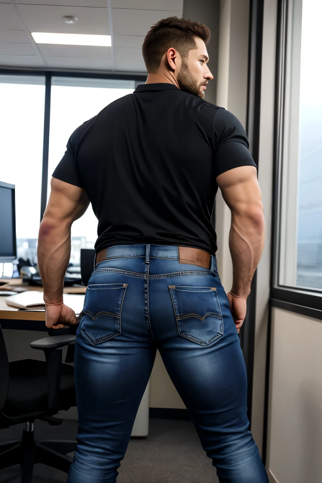 a handsome and muscular man in the office,Corte de equipo,ventanas,paisaje urbano,cuerpo completo,macho maduro,[rechoncho],[chris redfield], Big butt,fajado, black jeans  backside 
