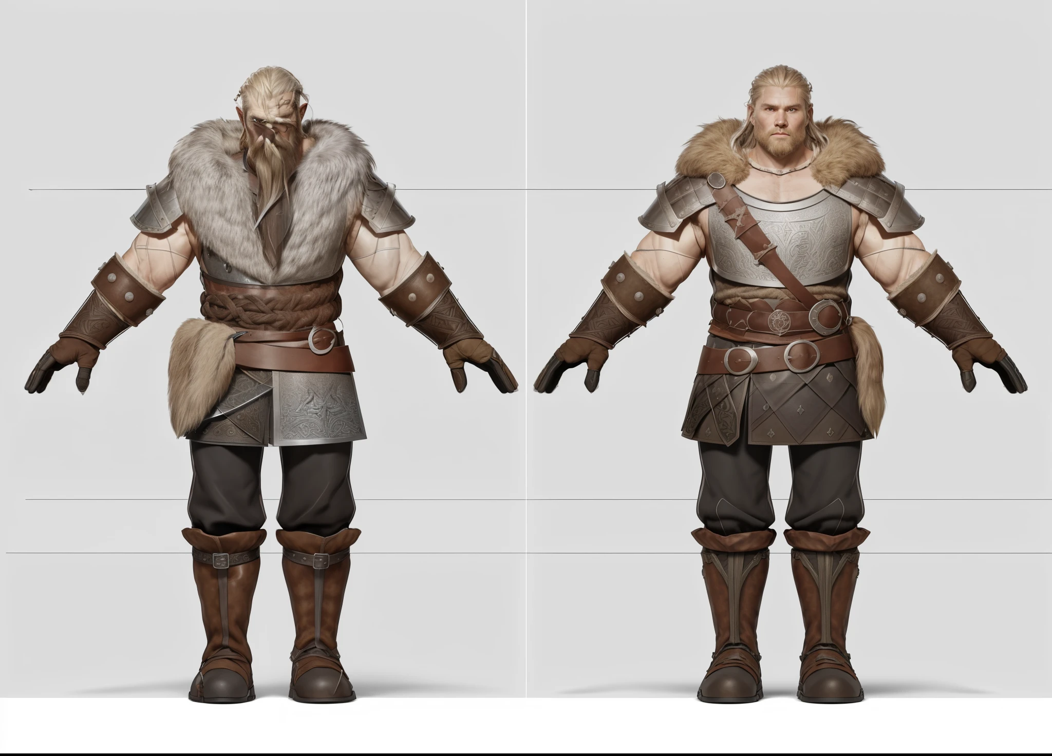 ( Realistic:1.33),(masterpiece:1.1),(highest quality:1.1),(HDR:1) a close up of a Tall Viking man with gambeson fur coat , detailed body armor, old Cuirass engraved steel, intricate designs on the Cuirass, intricate Cuirass, full body concept, detailed full body concept, old man Viking with a long braid, Viking style, Viking protective, Portrait of a Viking, Viking warrior, Viking culture, Nordic warrior, Viking costume, Ancient Viking warrior, Elven blond warrior, Epic Viking king , wearing Viking clothing, male Viking, with Machado, Nordic inspiration, Viking and Templar aesthetics, full body character concept,costume concept design, full body details, detailed full body concept art, full character body, character model sheet turnaround, fullbody shot turnaround, concept character sheet, full body concept art, reference model sheet , full body concept art, RPG style character, game character design, 3d character reference sheet, video game character concept, detailed character design, character sheet, [ character model sheet turnaround ], front and back, ((front and back)), grey clean background, 3D character, leather belt, leather, leather armband, black leather boots with silver engraved, ((gambeson cloth)) , (viking warrior), ((barbarian)),(((wide chest)), black shirt and trousers, leather shoulder armor, ((leather body cuirass)), ((gambeson cloth)), ((detailed leather glove)), (((knife bag on chest belt)))