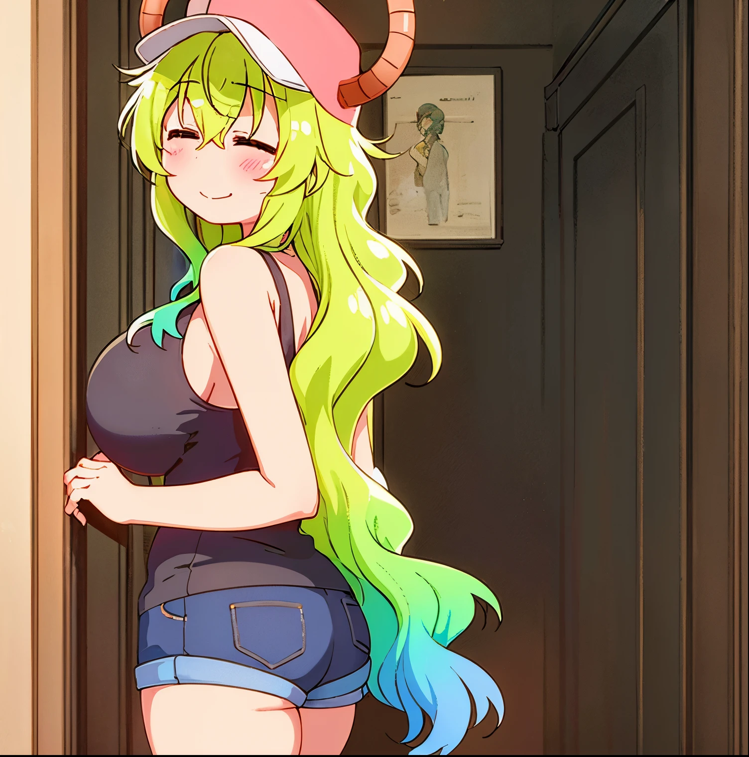 1girl,alone,LUCOA, BREASTS, LUCOA (MAIDRAGON), HORNS THROUGH HAT, HORNS, THIGHS, SOLO, EYES CLOSED, HAT, SHORTS, LONG HAIR, MULTI-COLOR HAIR, SMILE, BLACK THIGHS, STRAPSLESS, CAP BASEBALL, GREEN HAIR, BLONDE HAIR, DRAGON HORNS, DRAGON GIRL, Ombre HAIR, BLUSH, PINK HATS, BIG BREASTS, COWBOY SHORTS, STANDING, SHORTS, DOOR, INDOOR, DENIM, CLOSED MOUTH, PLATINUM, BLUE SHORTS , HUGE BREASTS, BLACK SLEEVELESS SHIRT, WAVY HAIR, BLACK SHIRT, 1 girl, alone, upper body, facing viewer, looking at viewer, smile, sexy body, perfect anatomy, perfect hands