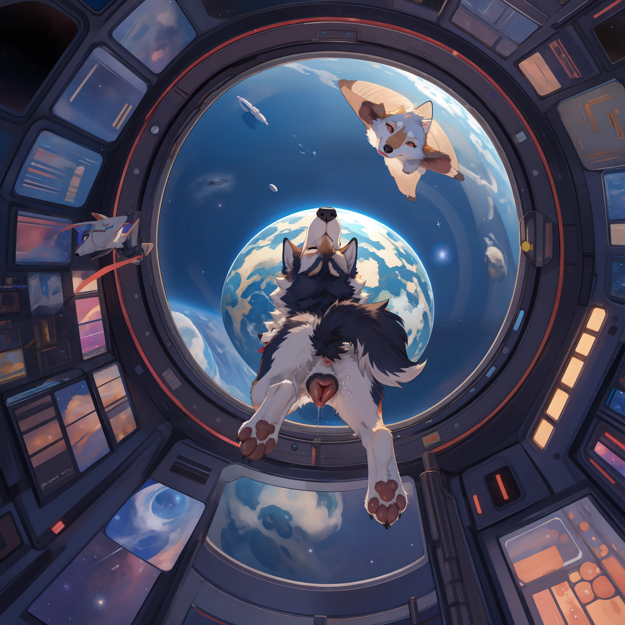 feral dog, husky, female, canine pussy, pussy juice, spaceship, window, space, zero gravity, flying