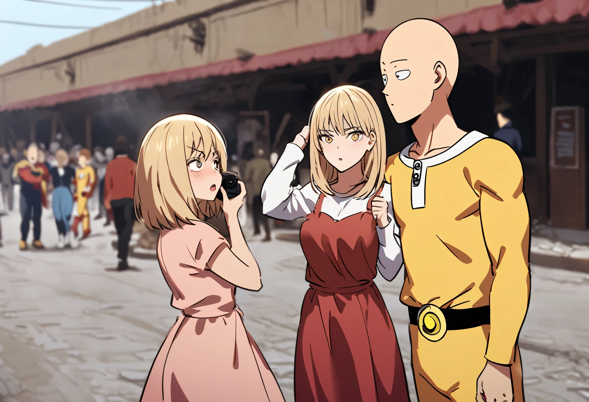 Saitama, one punch man, looks confused. A cute woman has declared she is his girlfriend and is posing for couples photos and asking the crowd to take picture, set in a wrecked part of town post fight (comedy)