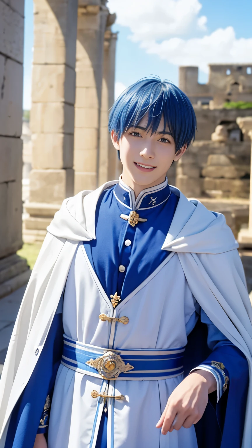 ((live-action:1.2)), photo of in real life,8k, A hyper-realistic movie photograph of a young man with short blue hair. He is wearing a blue and white outfit with a white cape. The character has a gentle smile on his face. The background features an ancient stone structure with arches and a clear blue sky. Colorful petals are floating in the air, creating a festive and joyful atmosphere.
