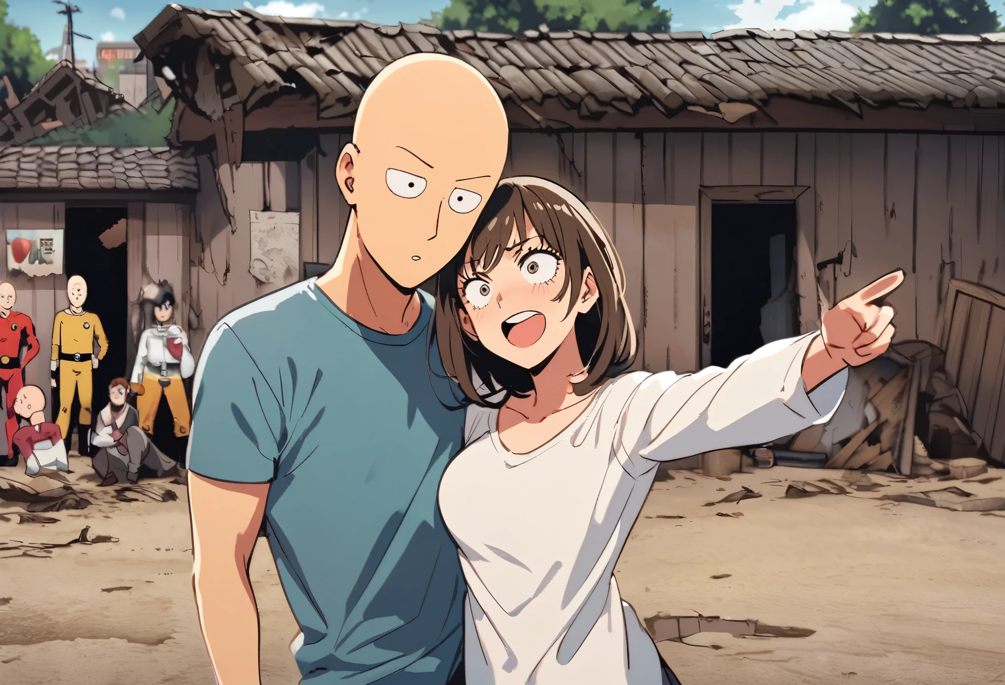Saitama, one punch man, looks confused. A cute woman has declared she is his girlfriend and is posing for couples photos and asking the crowd to take picture, set in a wrecked part of town post fight (comedy)