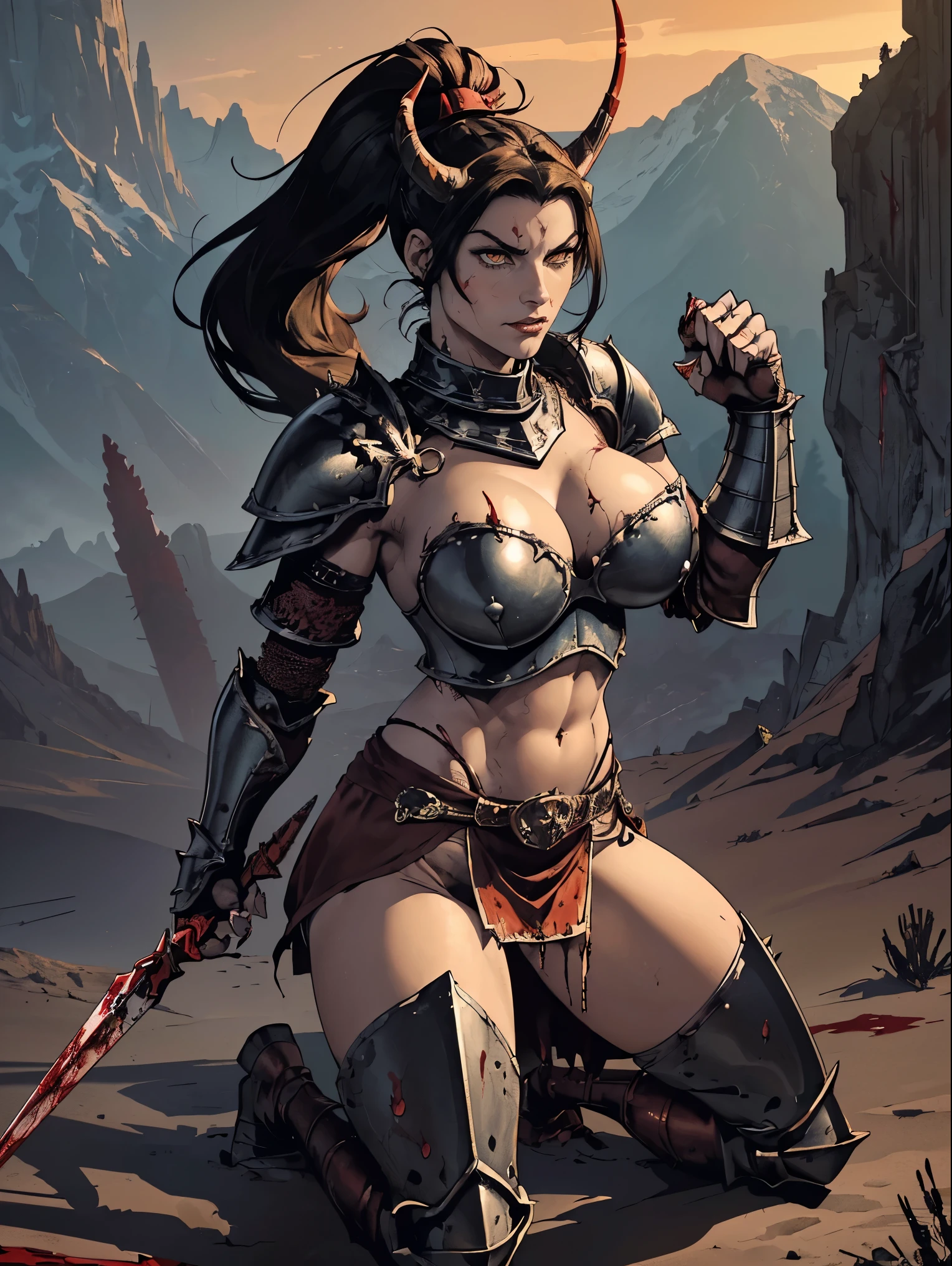 (masterpiece, top quality, best quality, official art, beautiful and aesthetic:1.2), (1girl:1.3), ((Sharp facial features, sharp features, hawkish features)), ((pale skin, orange eyes, big hair, long black hair, ponytail)), big tiddy chaos warrior girl, extremely detailed, portrait, looking at viewer, solo, (full body:0.6), detailed background, full-body shot, (hot desert mountain theme:1.1), chaos warrior, (spiky helmet), charlatan, smirk, mysterious, swaying in mountains, armor, red metal, brass trim, long boots, blood red fabric, pelvic curtain, loincloth, black leather, ((((huge demon horns, spear, heavy armor, blood, blood splatter, armored, gigantic breasts, long legs, pelvic curtain, toned, muscular, claws)))), cute belly button, toned tummy, slim waist, slim hips, long legs, medieval (mountain exterior:1.1) background, dark mysterious lighting, shadows, magical atmosphere, dutch angle