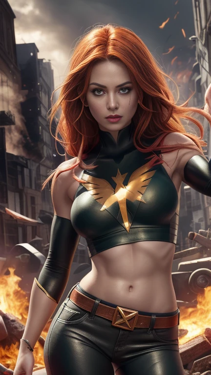 (Highly quality, masterpiece, detailed), burning city detailed scenario, burning city detailed background, jean-grey, belt, red leather crop top, Phoenix symbol on chest, navel, perfect face, beautiful eyes, looking at the viewer, Sexy pose