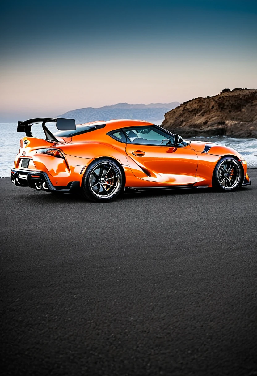 Un carro Toyota supra, color naranja, con el capo abierto, un motor de 12 cilindros y dos turbos a cada lado