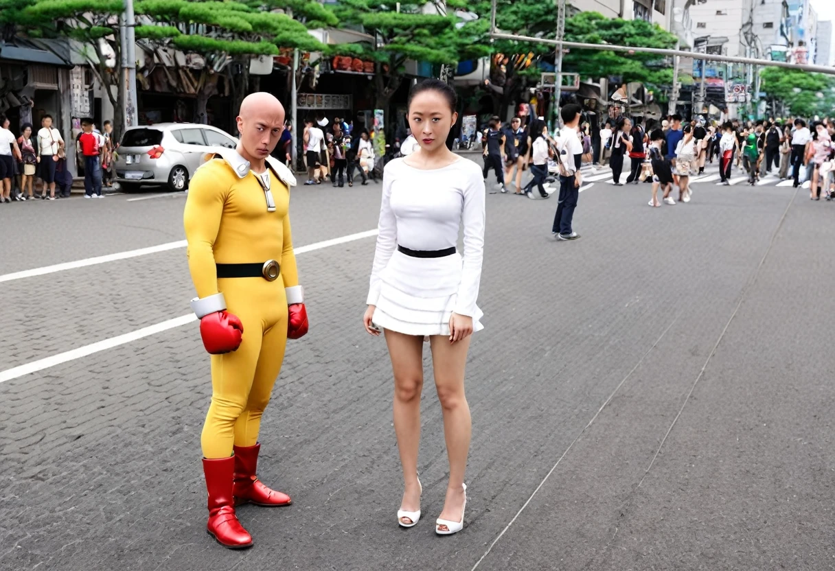 Saitama, one punch man, looks confused. A cute woman has declared she is his girlfriend and is posing for couples photos and asking the crowd to take picture, set in a wrecked part of town post fight (comedy)