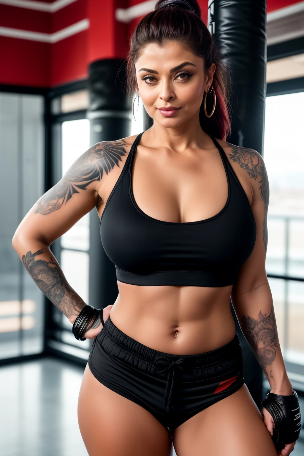 Full body photo of SEXY 50YO MATURE MILF AISHWARYA RAI as SEXY MMA FIGHTER, ((smirking face)), ((black gym shorts, tank top)), braided red ponytail hair, ((navel piercing and full body tattooed)), (((seductive posing in MMA ring))), FIGHT CLUB NIGHT scene, healthy mature hourglass figure, breasts with slight cleavage, look straight at camera, sexy 50 yo mature MILF, soft volumetric lights, intricate details, (ArtStation:1.2)