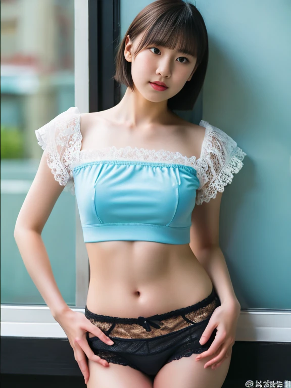 (High resolution、8k),1 garl, Japan girl,( Transparent,lace panty :1.2),(lace,Tight bandeau top:1.2) ,From the knee up、Stand with your back straight,Telephoto lens camera、Looking at the camera、(Breasts:1.2)、Thick and glossy lips、kind Eyes ,Stand in front of a light blue wall,(standing:1.5),navel,(light brown hair,wolf cut), barefoot ,Extremely Realistic,