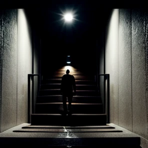 make a person coming out of a dark place, usando um escada para subir para a luz