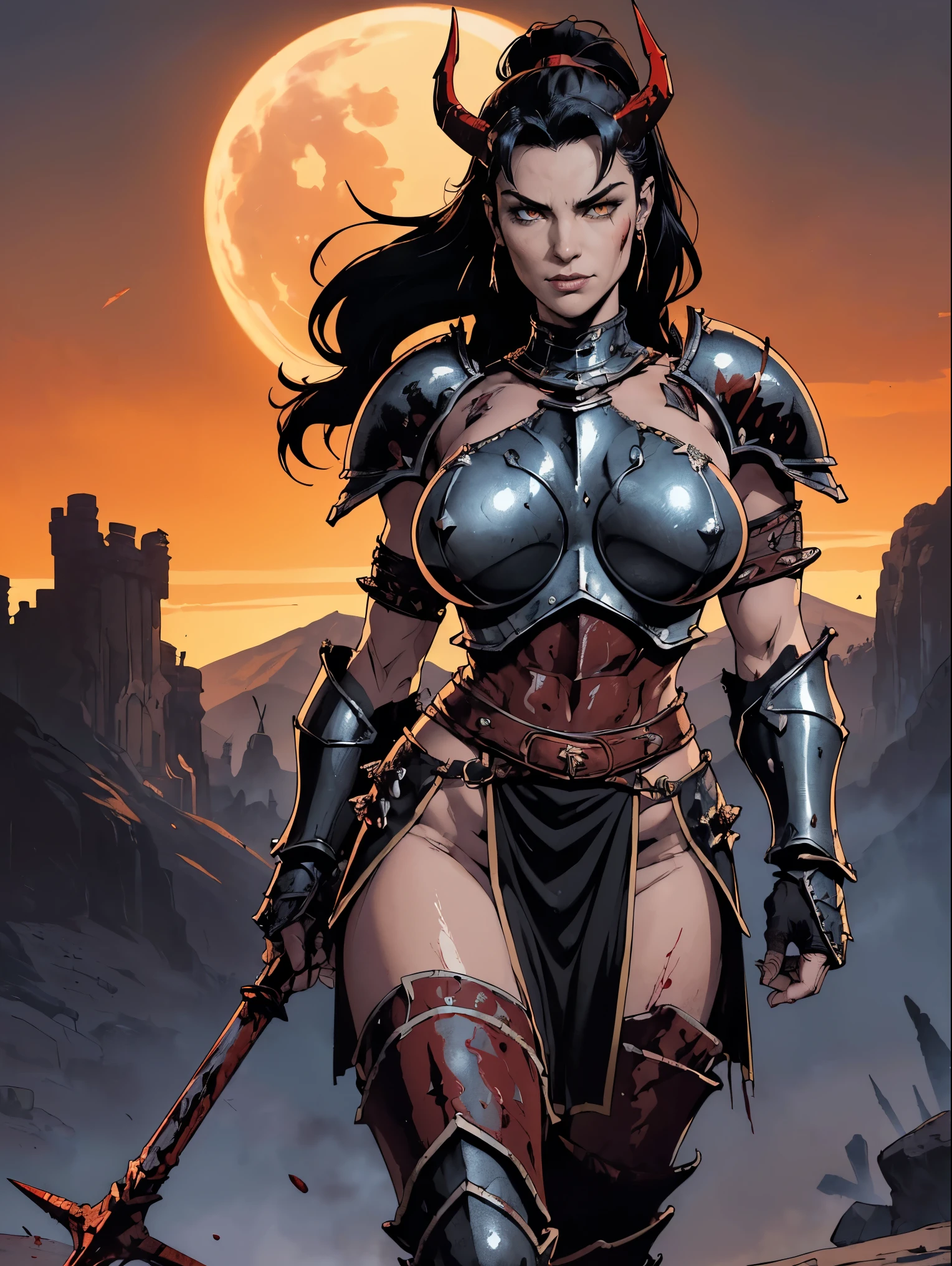 (masterpiece, top quality, best quality, official art, beautiful and aesthetic:1.2), (1girl:1.3), ((Sharp facial features, sharp features, hawkish features)), ((pale skin, orange eyes, big hair, long black hair, ponytail)), big tiddy chaos warrior girl, extremely detailed, portrait, looking at viewer, solo, (full body:0.6), detailed background, full-body shot, (hot desert mountain theme:1.1), chaos warrior, (spiky helmet), charlatan, smirk, mysterious, swaying in mountains, armor, red metal, brass trim, long boots, blood red fabric, pelvic curtain, loincloth, black leather, ((((huge demon horns, spear, heavy armor, blood, blood splatter, armored, gigantic breasts, long legs, pelvic curtain, toned, muscular)))), cute belly button, toned tummy, slim waist, slim hips, long legs, medieval (mountain exterior:1.1) background, dark mysterious lighting, shadows, magical atmosphere, dutch angle