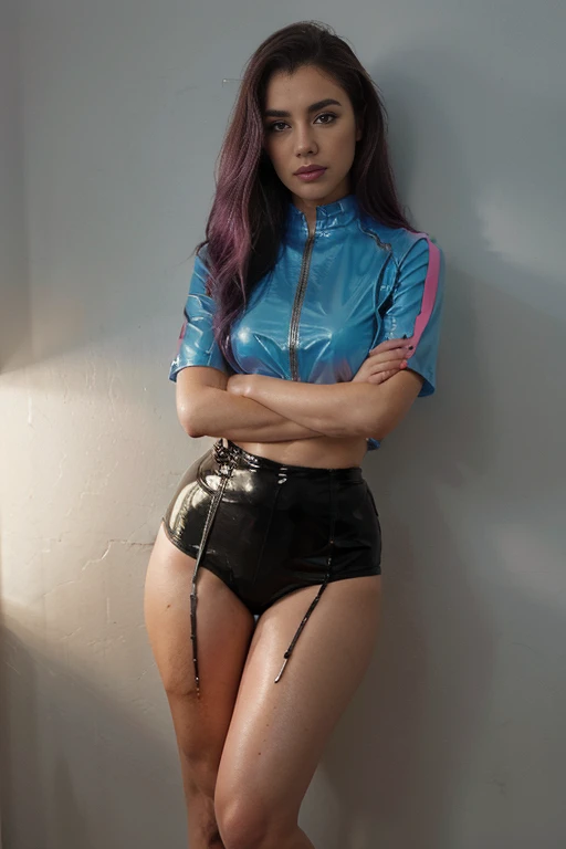 Hermosa joven,pelo rubio,bollos espaciales,rosa Latexbluse, Buttoned latex blouse, Detailed latex blouse.,shiny light blue latex skirt,bright pink latex stockings,Zapatos de PVC lacados rojos brillantes,cara perfecta,Ojos detallados,labios detallados,long eyelashes,tetona,lindo,retrato,high resolution,realista,studio lighting,Colores vibrantes,Body ultra ajustado con superficies superreflectantes.