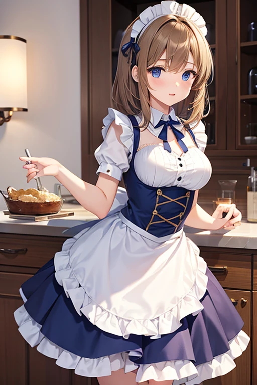 1girl,light brown color medium length hair,tareme,blue eyes,medium breasts,fusion of and maid costume,