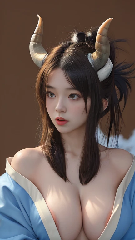 Bison, horns on head, beautiful girl, blown hair, big breasts, wearing a bare-chested kimono, sexy post,by snow mountain.