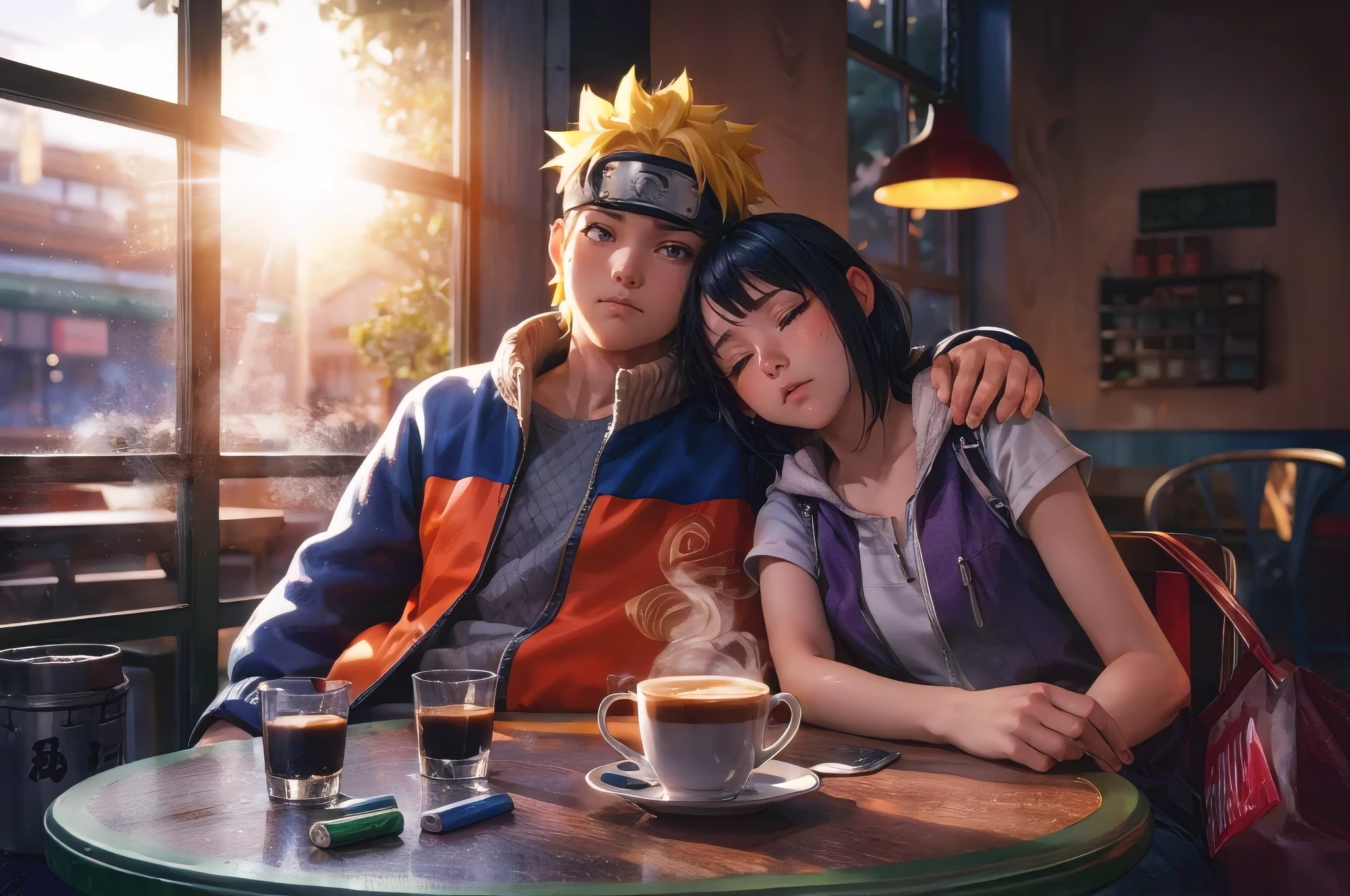 Naruto wearing a dress drinking basil tea with Irene