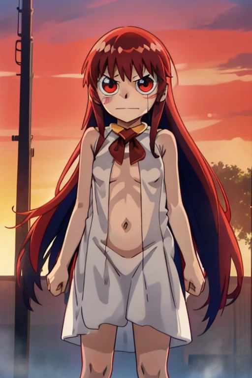 masterpiece, highest quality, 1girl, alone, yellow eyes, vivid Red hair, demon girl, devil tail, Demon Wing, small demon horns, twin tails, bangs,(naked),From before,masutepiece、hight resolution、1girl in、 naked, large full breasts、Lying on your back in bed、Cute anime illustration、spread her legs, nipples