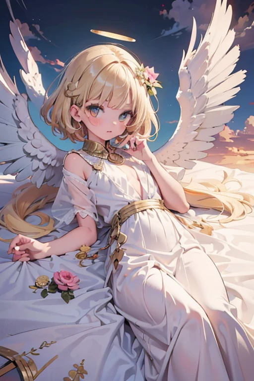 masterpiece, highest quality, Very detailed, 16k, Ultra-high resolution, Cowboy Shot, 12 year old girl, Detailed face, Perfect Fingers, Angel halo on head, Golden Eyes, blonde, short hair, Angel wings growing on your back, Thin and light clothing、Above the Clouds, temple, bed、Lying on your back