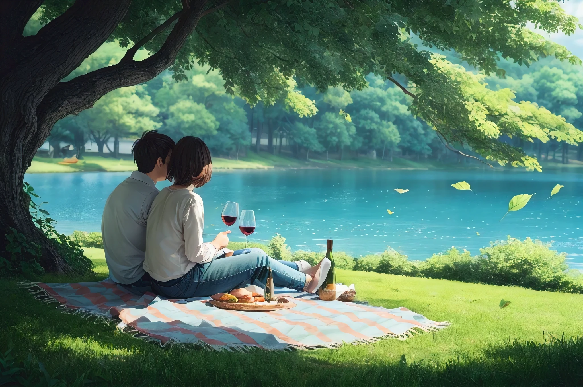 A serene and picturesque scene of a couple enjoying a tranquil picnic at a park. Under the shade of a large, verdant tree, the pair sits on a checked blanket, facing a shimmering lake. The wind carries a few leaves and causes a gentle ripple on the water. The couple has a bottle of wine and a loaf of bread, with the wine glasses about to clink. The illustration is rendered in a photorealistic anime style, capturing the essence of the moment in a perfect composition., anime, illustration