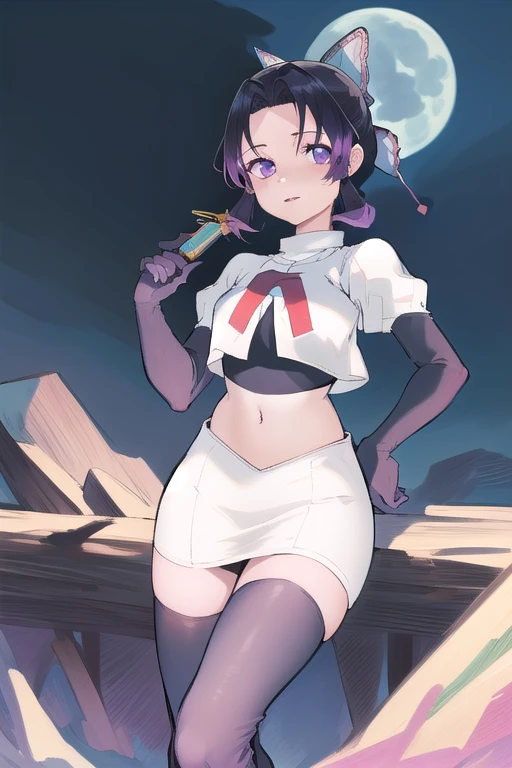 masterpiece, best quality, highres, 1girl, solo, kochou shinobu, butterfly hair ornament, purple eyes, multicolored hair, short hair, parted bangs, team rocket,team rocket uniform,white skirt,red letter R,crop top,black thigh-highs,black elbow gloves, cowboy shot, forest, night, moon