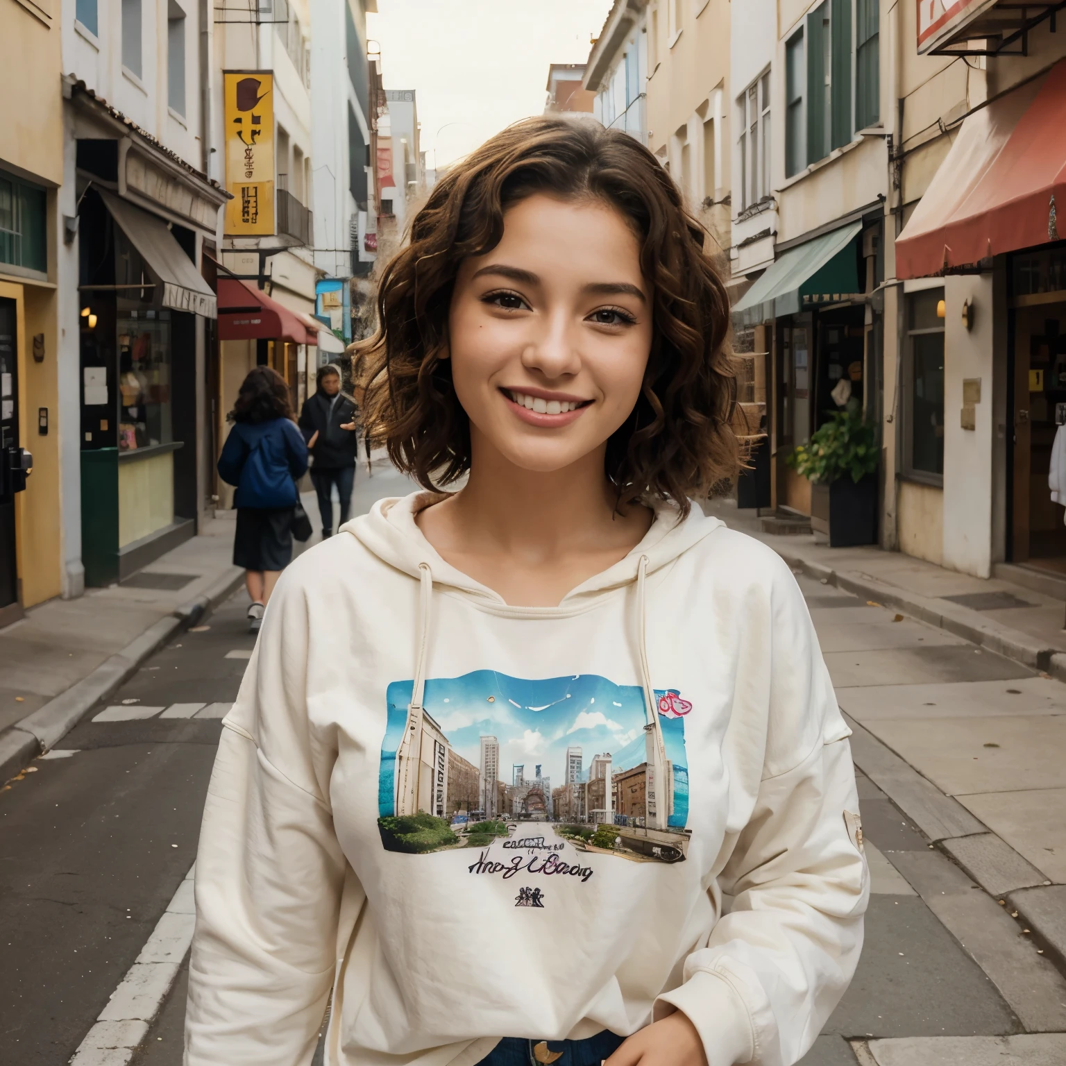(mejor calidad:0.8) perfect anime illustration, una bonita, Happy woman with short curly brown hair on the city street, usando una sudadera con capucha, falda