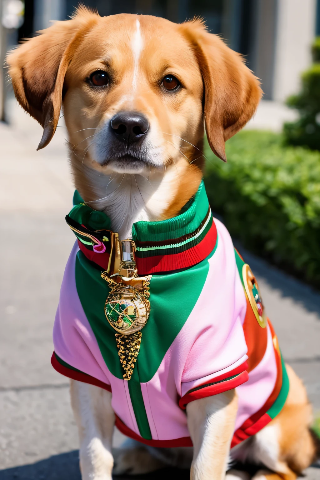 A beautiful Dog wearing a gorgeous Gucci jacket.