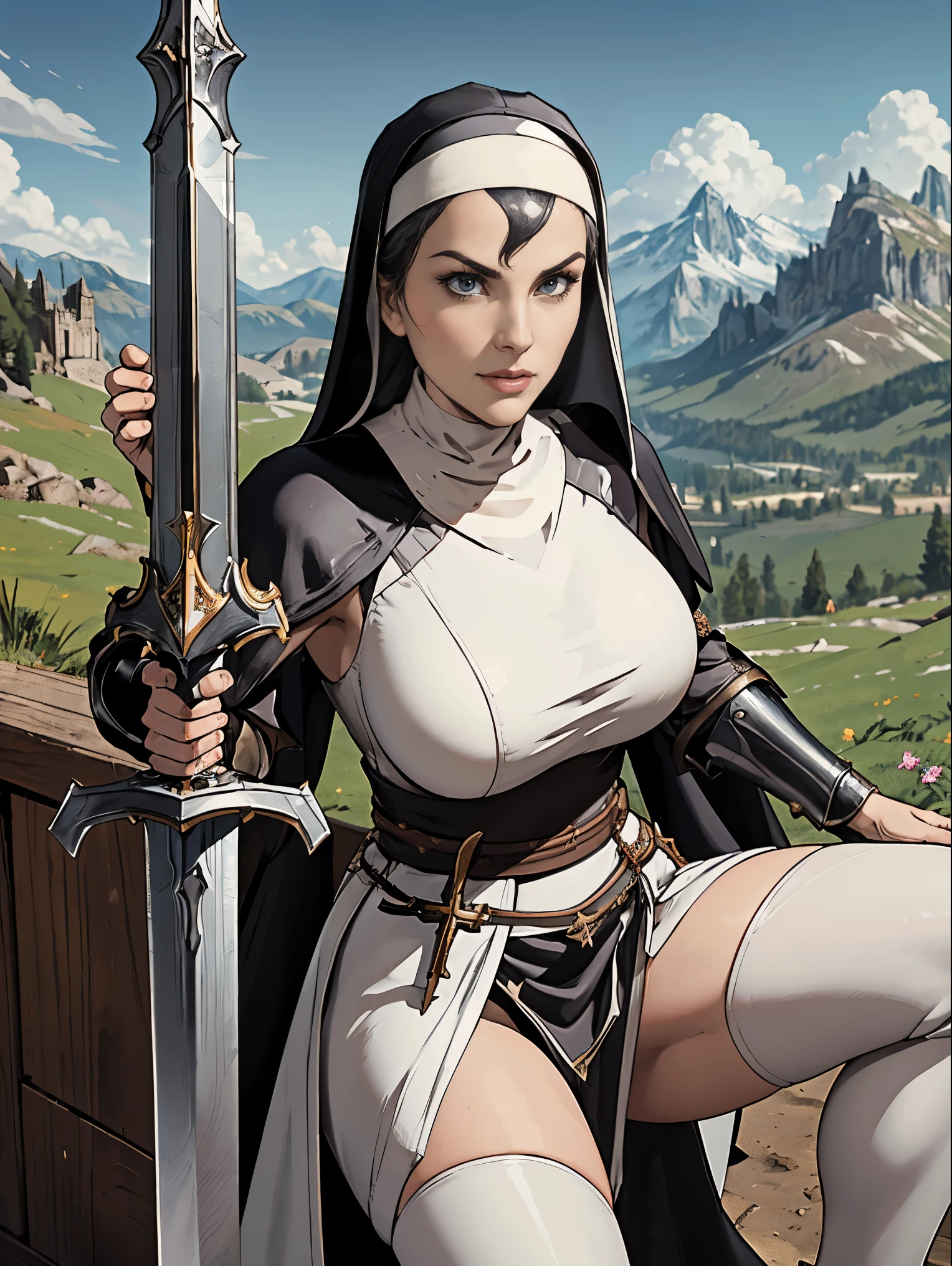 (masterpiece, top quality, best quality, official art, beautiful and aesthetic:1.2), (1girl:1.3), ((Sharp facial features, sharp features, hawkish features)), ((grey eyes)), busty paladin knight girl, extremely detailed, portrait, looking at viewer, solo, (full body:0.6), detailed background, full-body shot, (warm mountain meadow theme:1.1), holy knight, (nun), charlatan, smirk, mysterious, swaying in mountains, armor, polished metal, gold trim, long boots, white fabric, pelvic curtain, robe, pale leather, ((((nun, greatsword, heavy armor, armored, long legs, robes, prayer scrolls, toned, muscular)))), slim waist, slim hips, long legs, medieval (mountain exterior:1.1) background, dark mysterious lighting, shadows, magical atmosphere, dutch angle