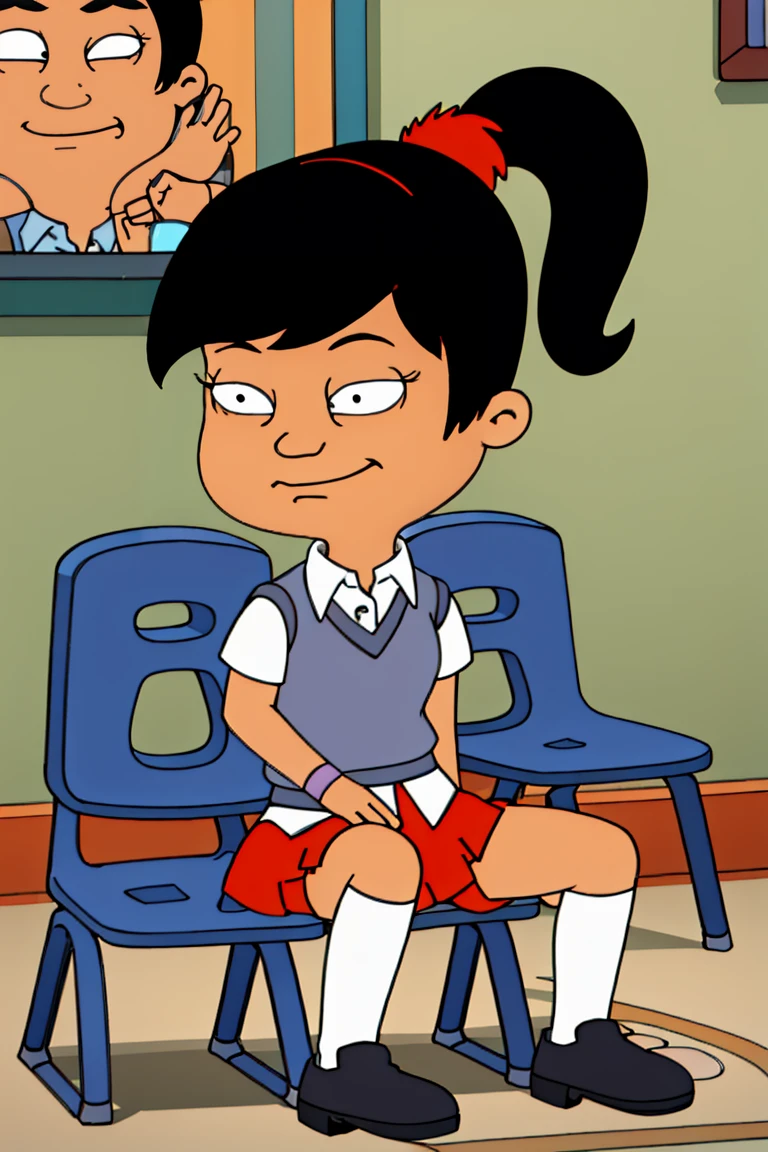 akiko, 1girl, black hair, solo, ponytail, sweater vest, , orange skirt, socks, short sleeves, shoes, smile,looking at viewer, american dad,dot pupils, panties, sitting on chair, spread legs, panties focus, panties zoom in, cameltoe, smiling,