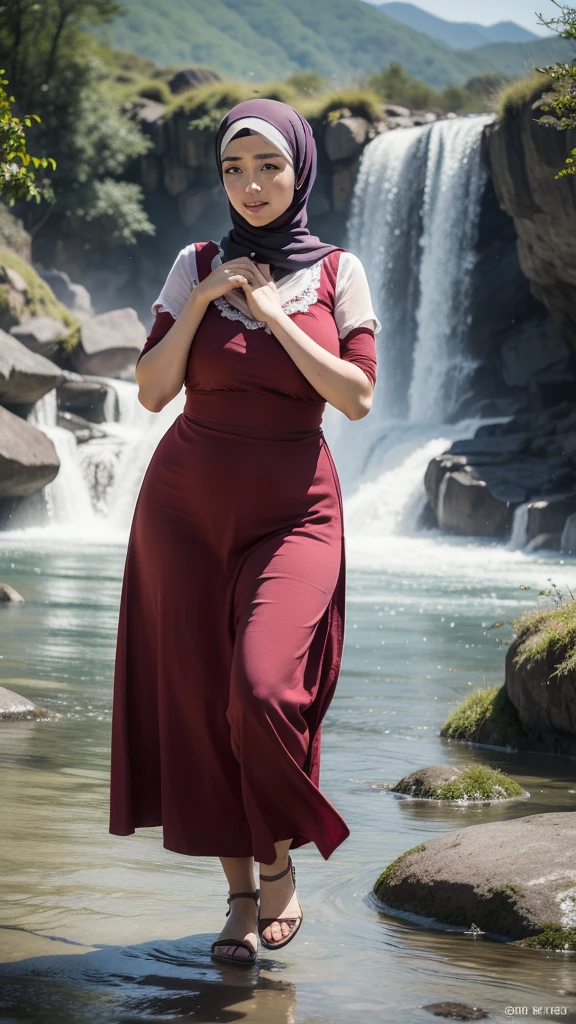 Raw,best quality, masterpiece, Ultra-realistic, ultra-detailed, super detailed skin texture, 8k resolution, awardwinning photo, realistic photo and texture, Muslimah, korean mommy, plump body, dancing at mountain, hands folding up, standing and sticking body, dancing, Mountain background, waterfalls, fogging weather